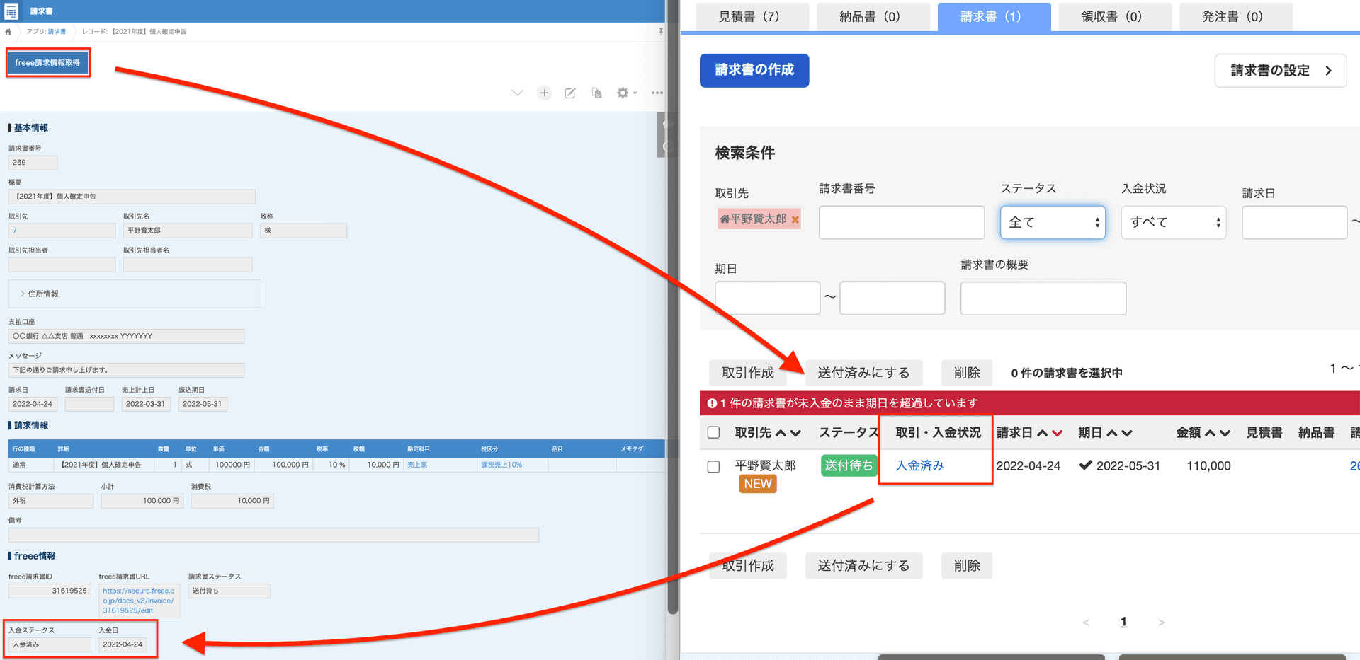kintoneに連携した決済情報のイメージ