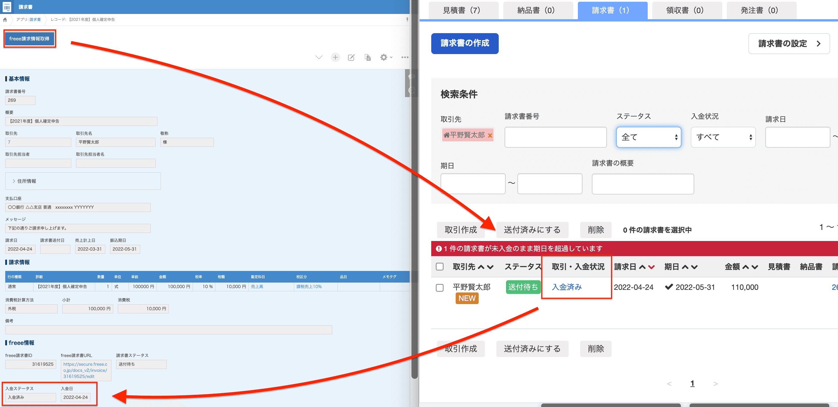 kintoneに連携した決済情報のイメージ
