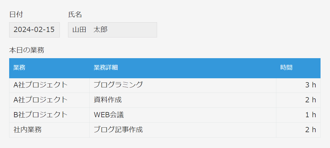 日報アプリのサブテーブル入力画面の例