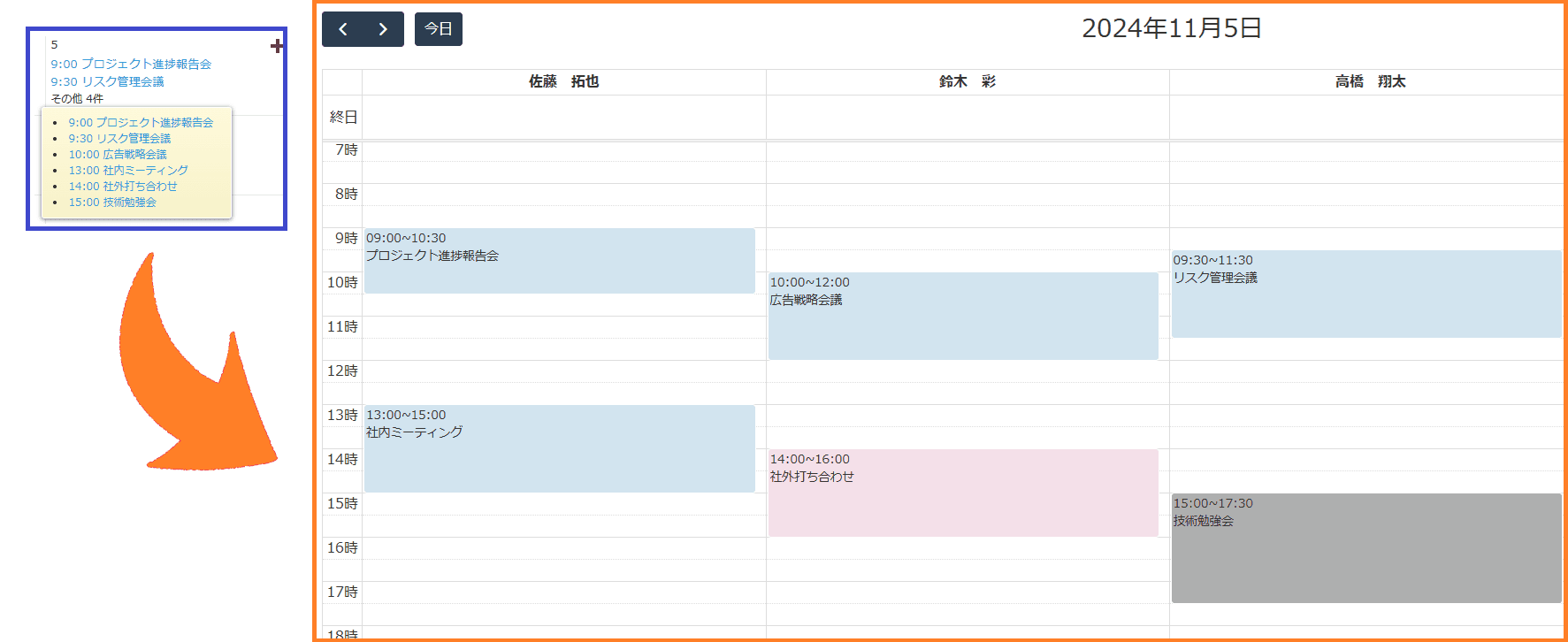 表示単位を切り替えて1日の予定を把握しやすくした画面の例