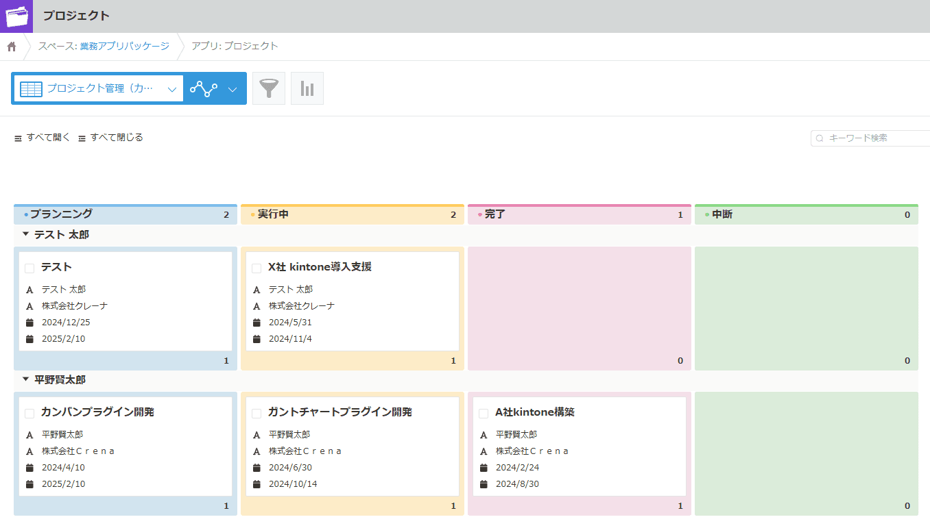 プロジェクトの進捗管理のカンバン表示例