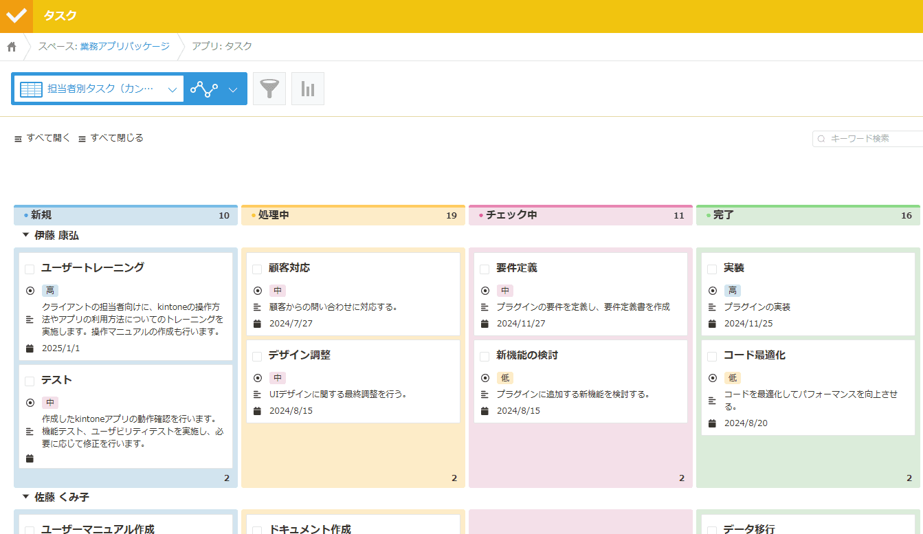 担当者別タスクの進捗管理のカンバン表示例