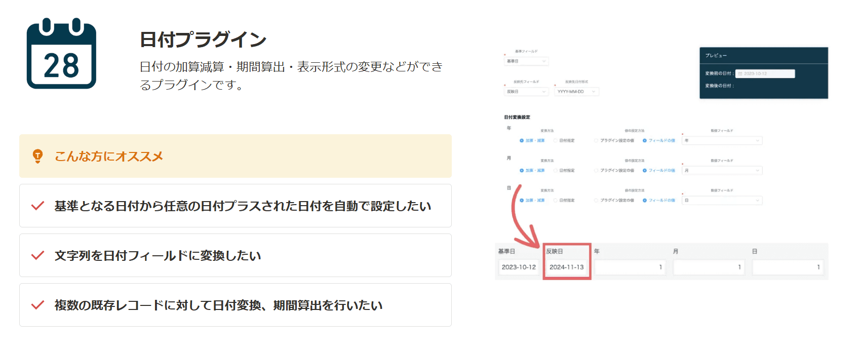 日付プラグインの紹介ページのスクリーンショット