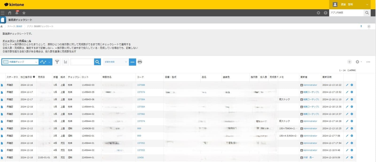kintoneのチェックシート一覧画面。デジタルで集計・表示されている