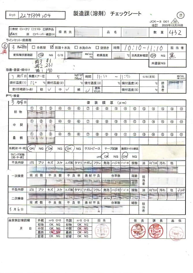 紙の製造チェックシートの例