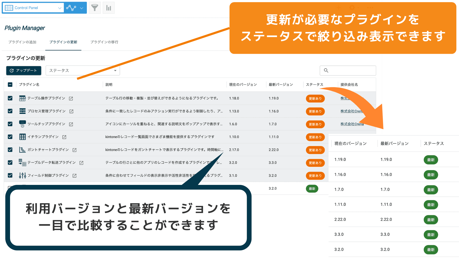 プラグインのバージョン管理とアップデート画面のイメージ