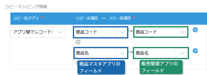 コピー元とコピー先のフィールドマッピング設定