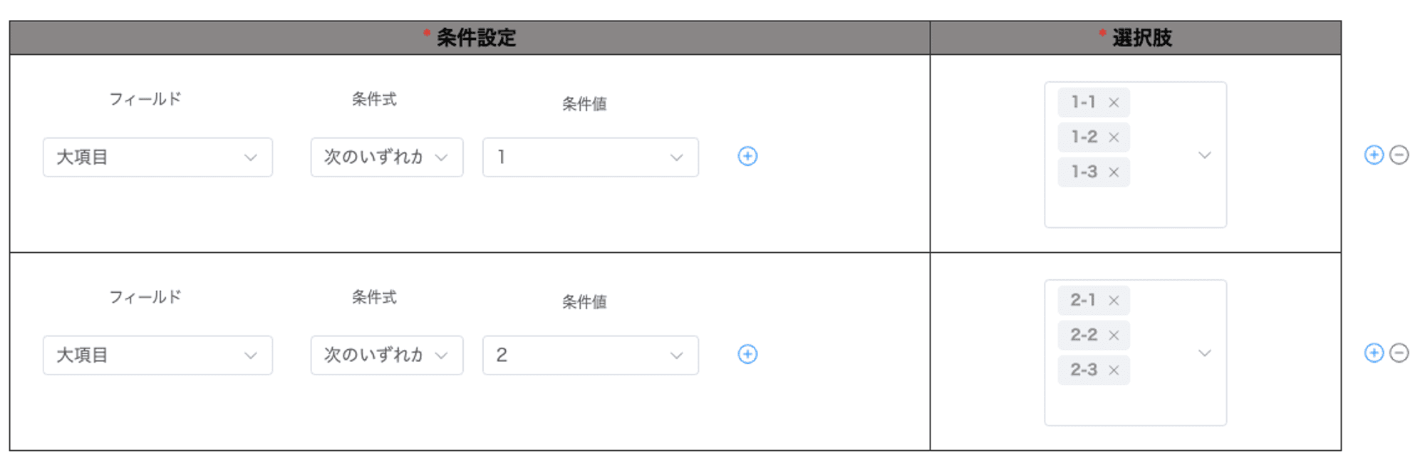 条件設定と選択肢を設定する画面
