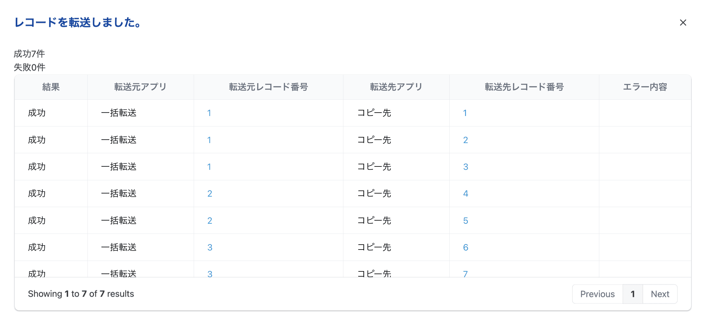 転送完了ダイアログと作成レコードへのリンク