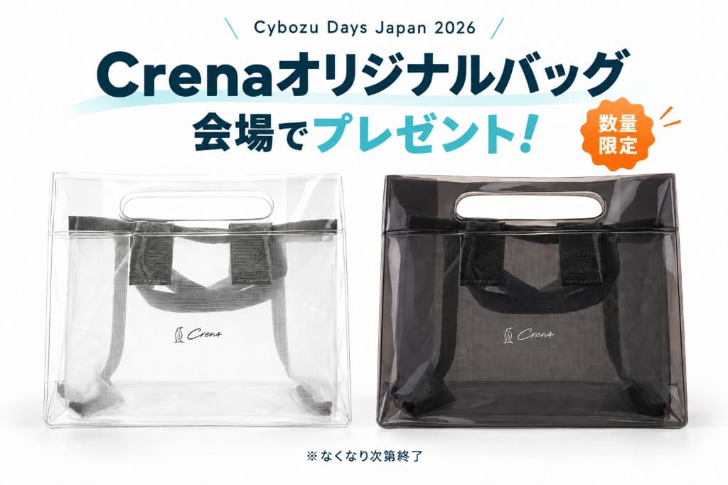 Cybozu Days Japan 2026会場プレゼントのCrenaオリジナルバッグ。クリアとスモークグレーのビニールスパバッグ。数量限定・なくなり次第終了。写真はイメージです