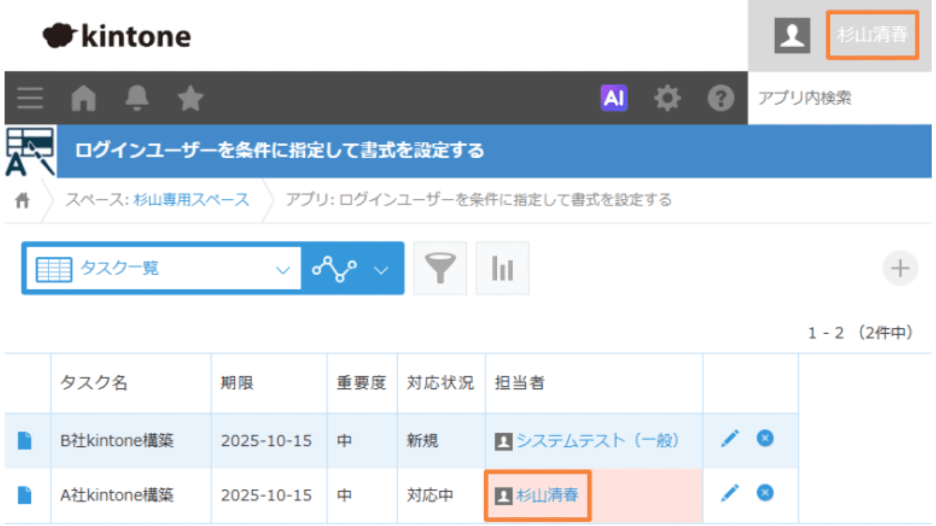ログインユーザーを条件に指定して書式設定のイメージ