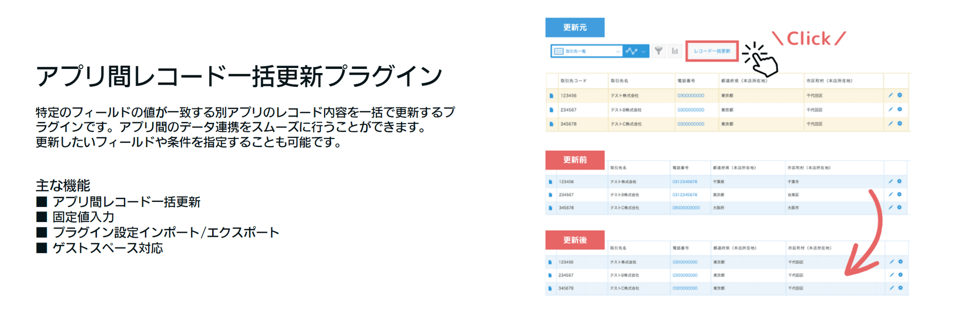 アプリ間レコード一括更新プラグインの設定概要画面