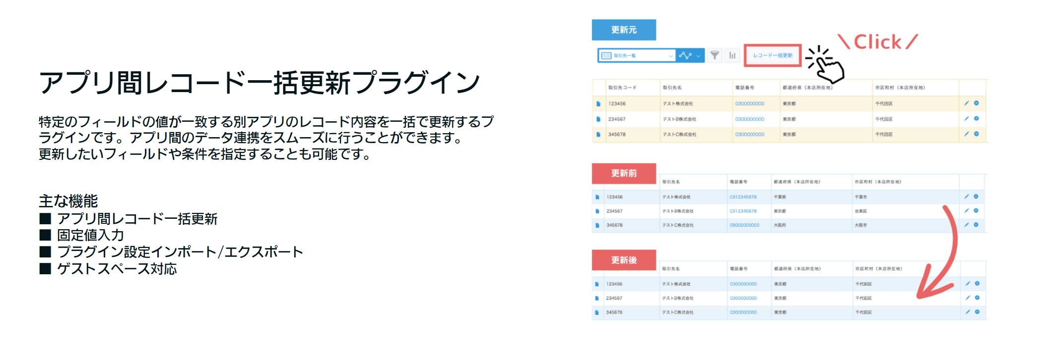 アプリ間レコード一括更新プラグインの設定概要画面