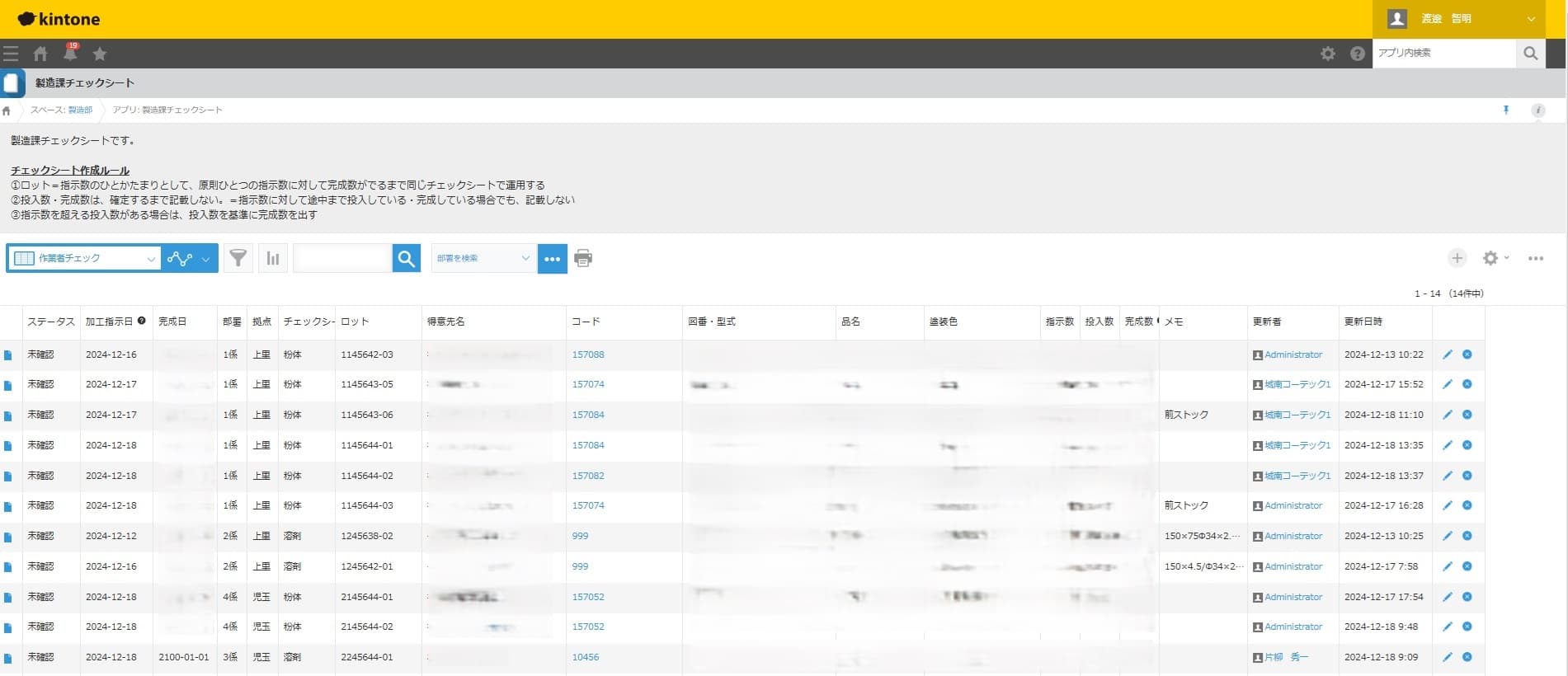 kintoneのチェックシート一覧画面。デジタルで集計・表示されている