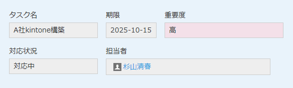 タスク管理アプリのレコード詳細で重要度が高のときフィールド背景が赤く表示されている画面