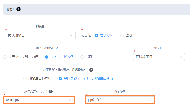 経過日数フィールドと日数表示形式を設定した画面