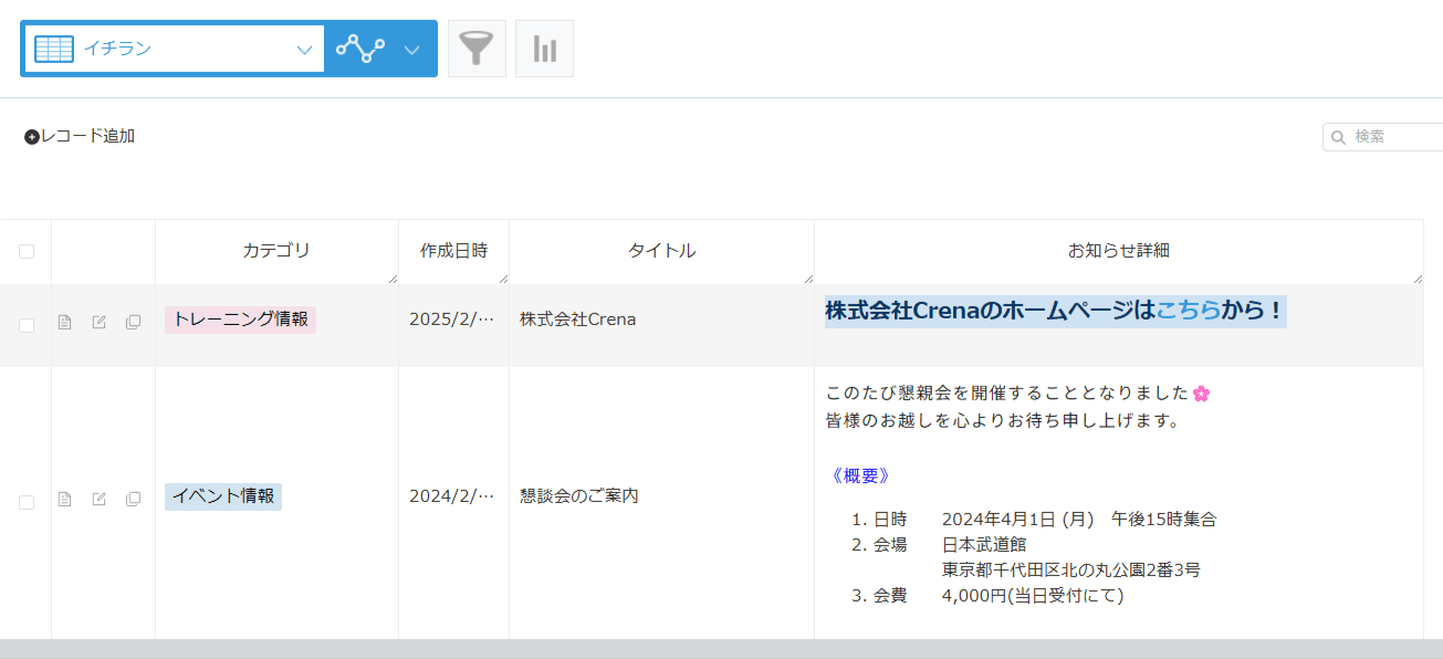 リッチエディターや文字列(複数行)フィールドに登録された全内容を表示するのデモ画面