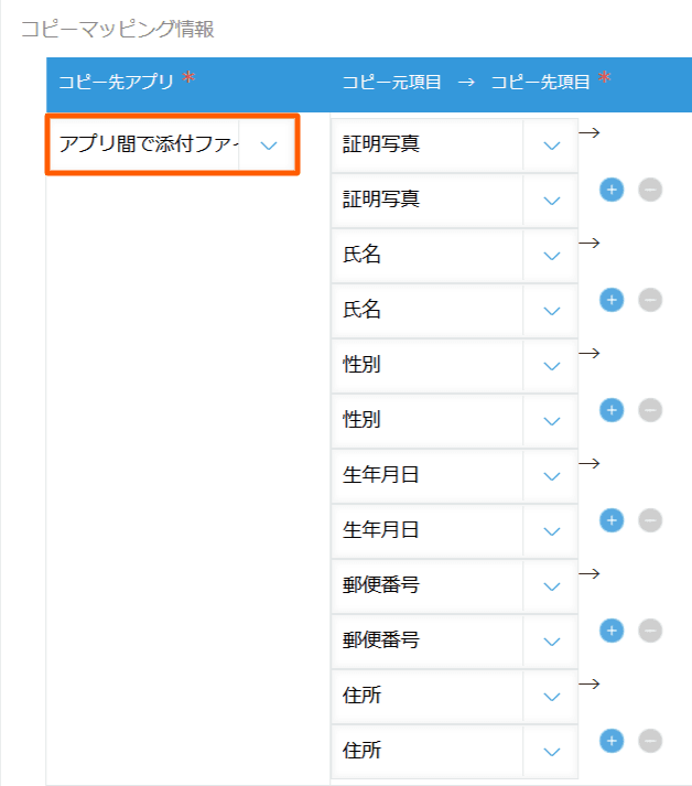 コピー先アプリとマッピングの設定