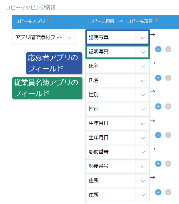 添付を含むフィールドの対応付け