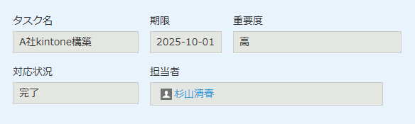 レコード詳細画面で全フィールドに書式が適用された例