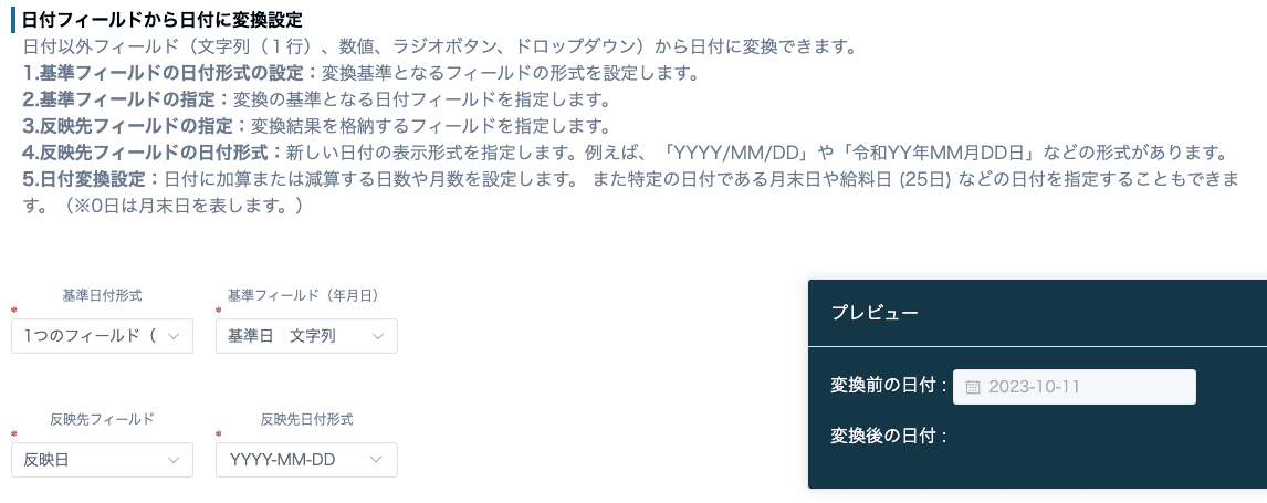 日付フィールド以外から日付に変換の設定画面
