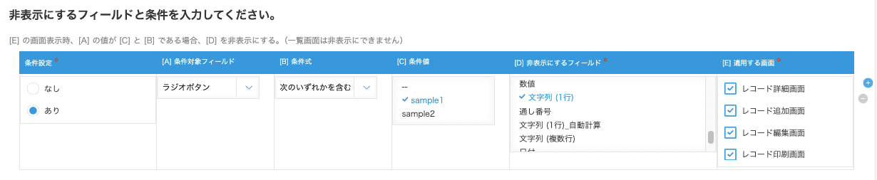 非表示設定の各項目を入力する画面