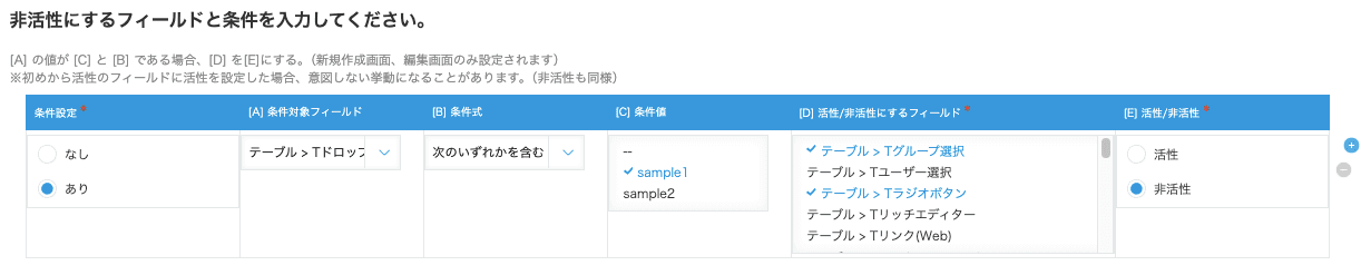 編集不可設定の各項目を入力する画面