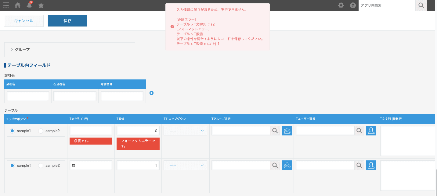 テーブル内フィールドでエラーが表示される例