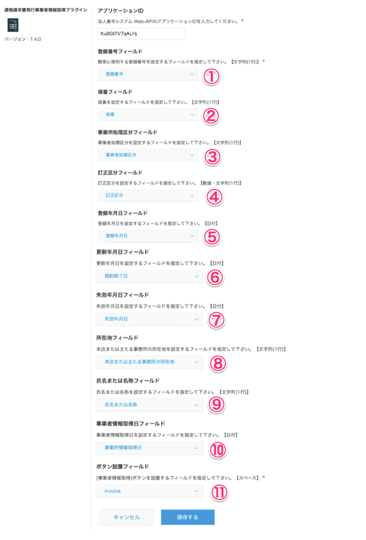 プラグイン設定で11項目を設定する画面