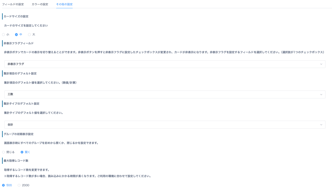 その他の設定項目(非表示設定フラグ・集計項目・集計タイプ)の画面
