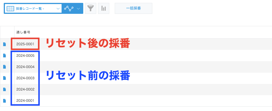 連番がリセットされて採番された例