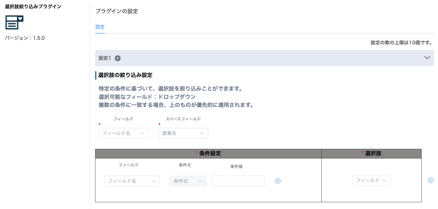 選択肢絞り込みプラグインの設定画面