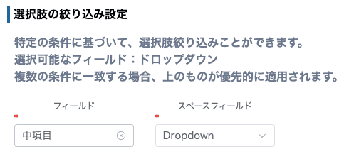 フィールドとスペースフィールドを設定する画面