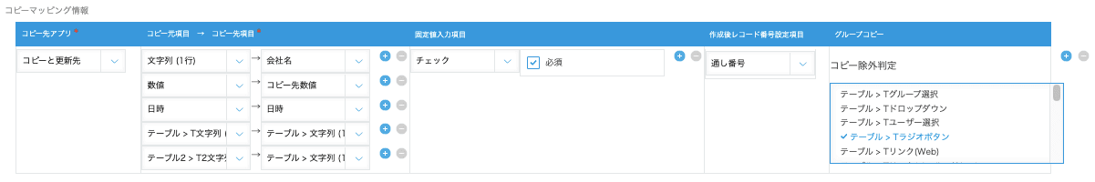 コピーマッピング情報の設定画面