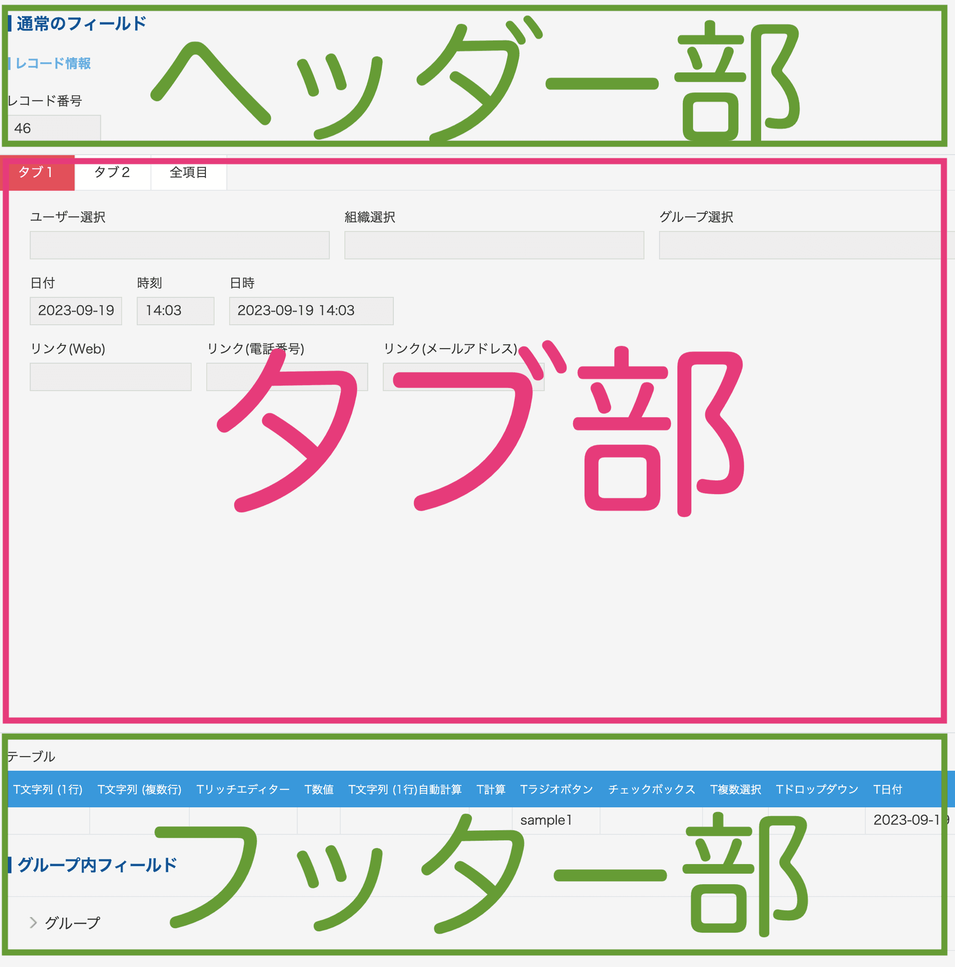 レコード詳細画面に表示されたタブの例