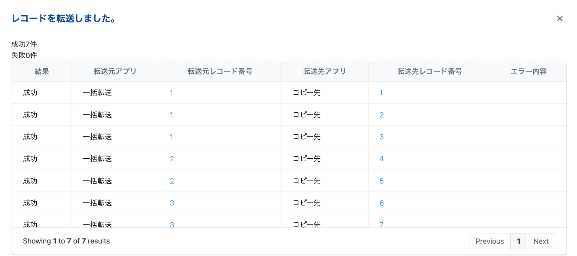 転送完了ダイアログと作成レコードへのリンク