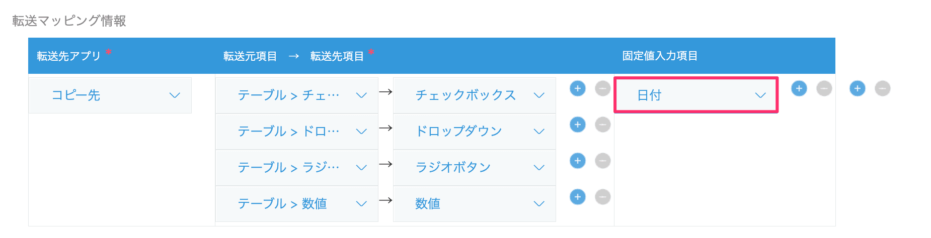 固定値入力項目を設定して保存する画面