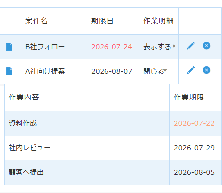 条件書式プラグインで相対日付条件により期限日の色が切り替わる動作イメージ