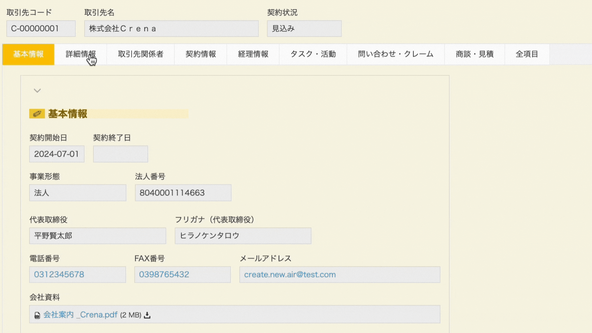 タブでフィールドを整理した画面