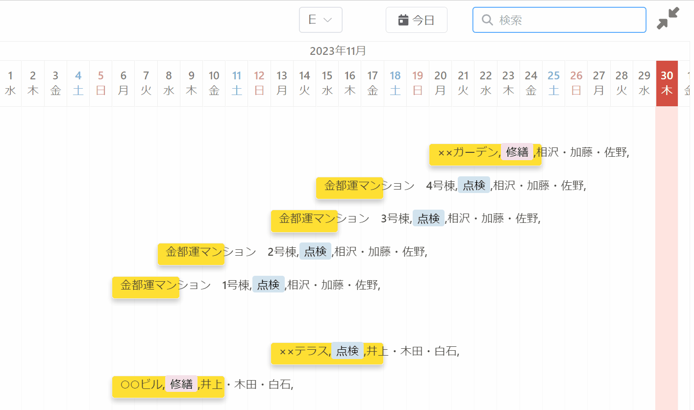 フリーワード検索で自身の業務に絞り込んだガントチャート