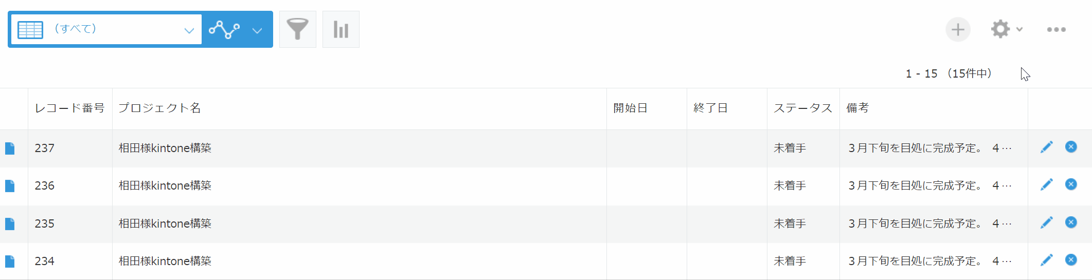 一覧でレコードごとに削除ボタンを押していく標準の操作デモ