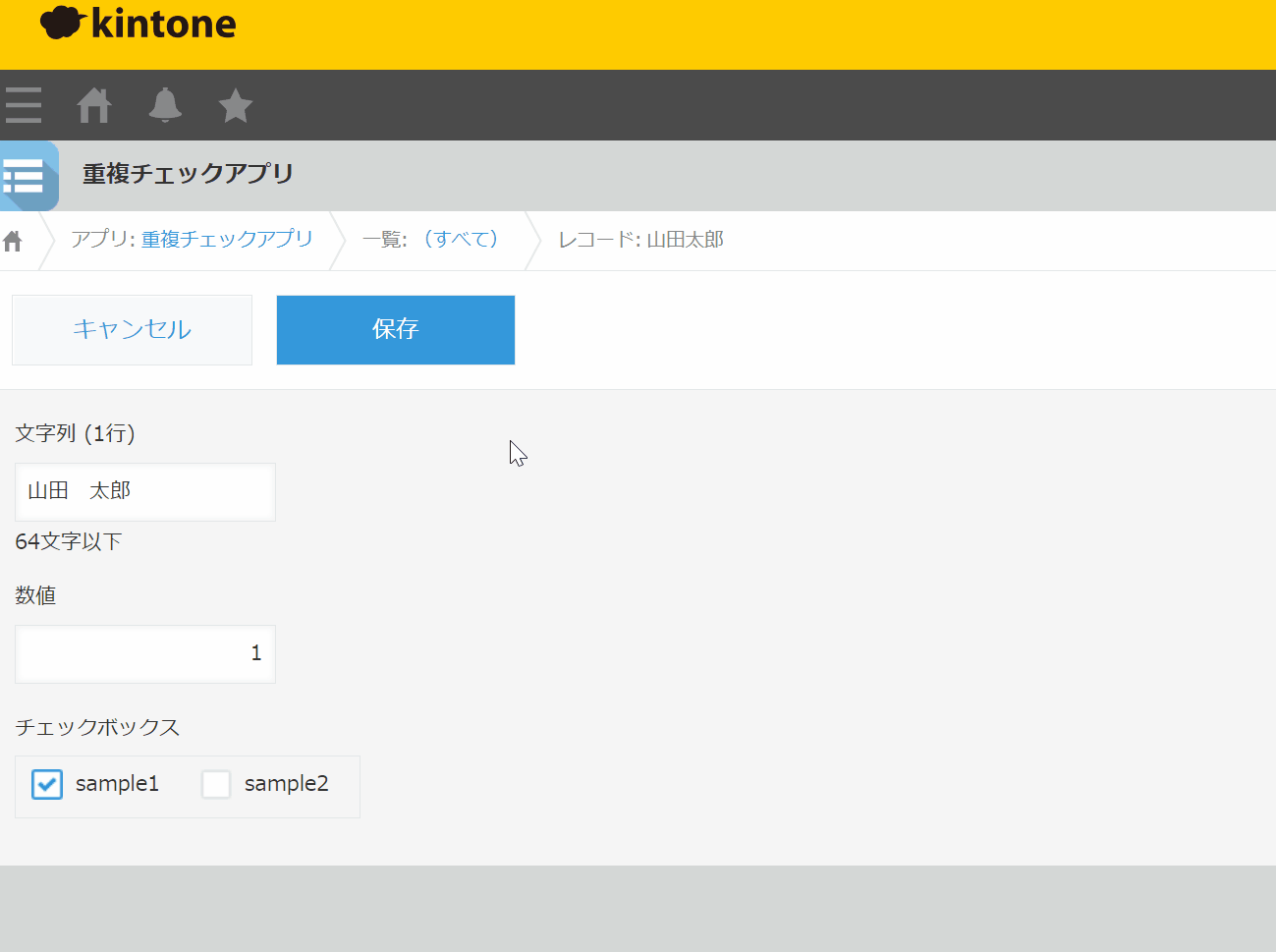 重複する値ではレコードを保存できない様子のデモ