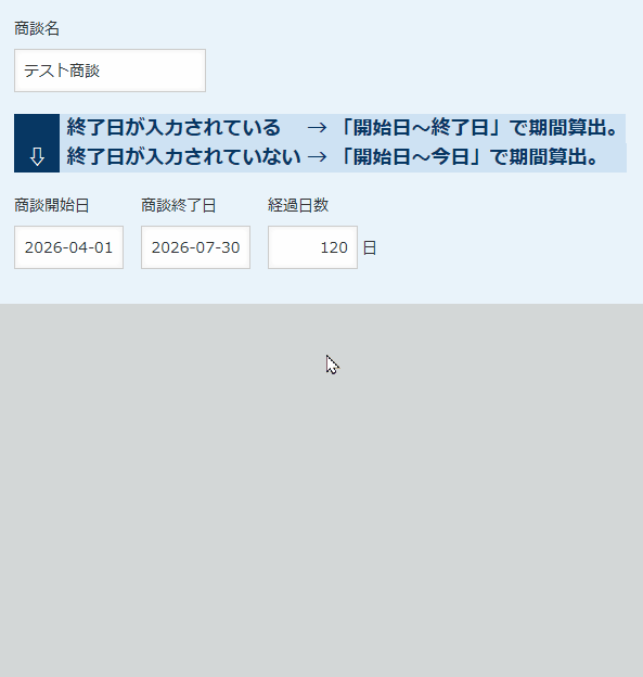 終了日が未入力のときは今日の日付で経過日数が算出される動作イメージ