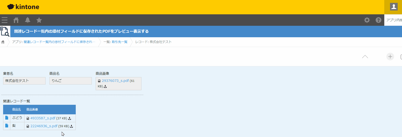 関連レコード一覧内の添付フィールドに保存されたPDFをプレビュー表示するのデモ画面