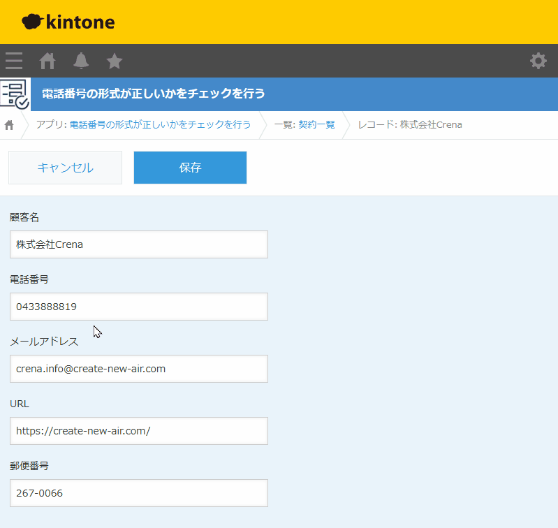 電話番号の形式が正しいかをチェックを行うのデモ画面