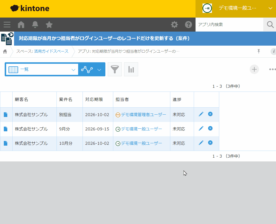 対応期限が今月かつ担当者がログインユーザーのレコードから進捗を更新し、案件アプリの今月分だけ対応済みになっている