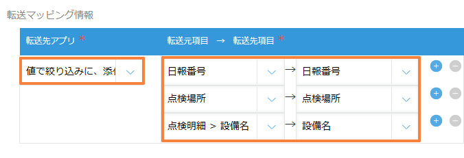 転送先アプリと、日報番号、点検場所、点検明細の設備名の項目対応