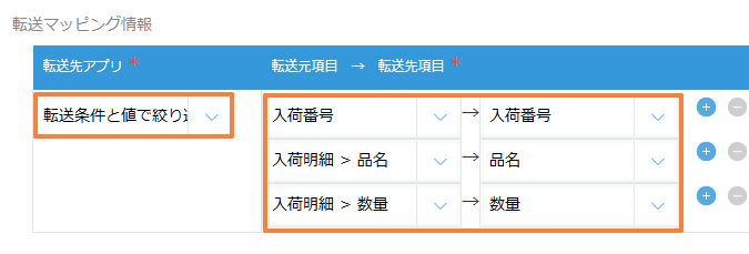 転送先アプリと、入荷番号、入荷明細の品名、数量の項目対応