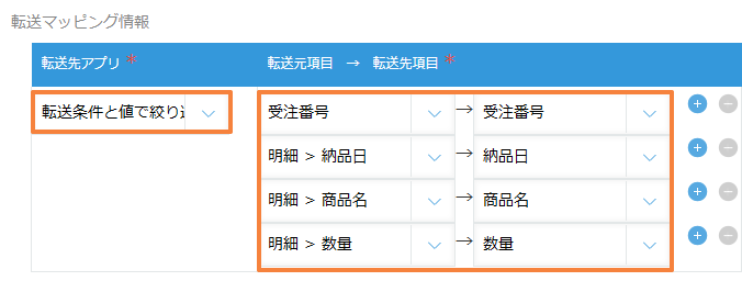 転送先アプリと、受注番号、明細の納品日、商品名、数量の項目対応
