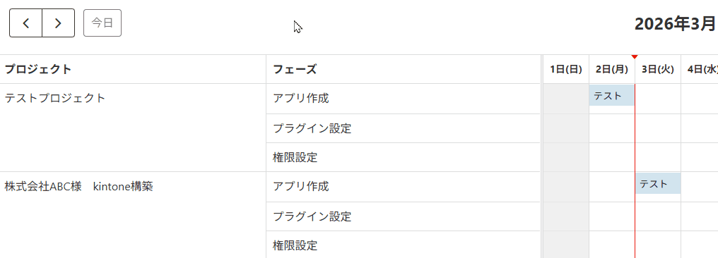 カレンダーのタイムライン表示で列幅が保持される動作イメージ
